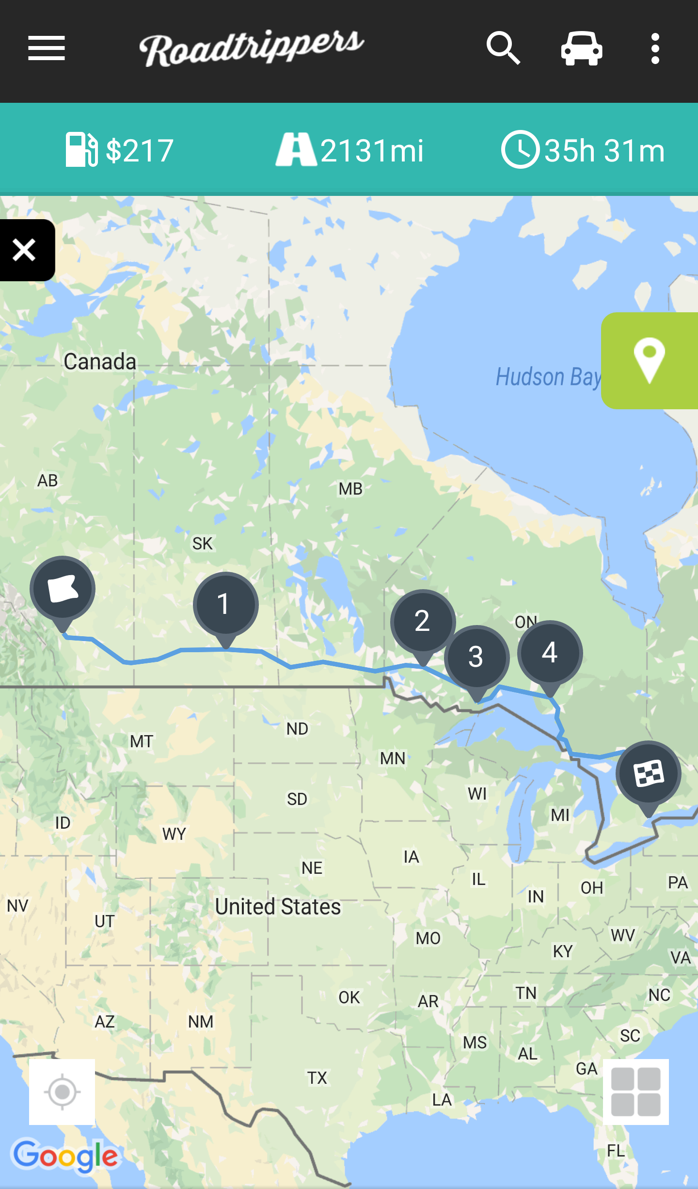 cross-country roadtrip drive from calgary to toronto Roadtrippers App