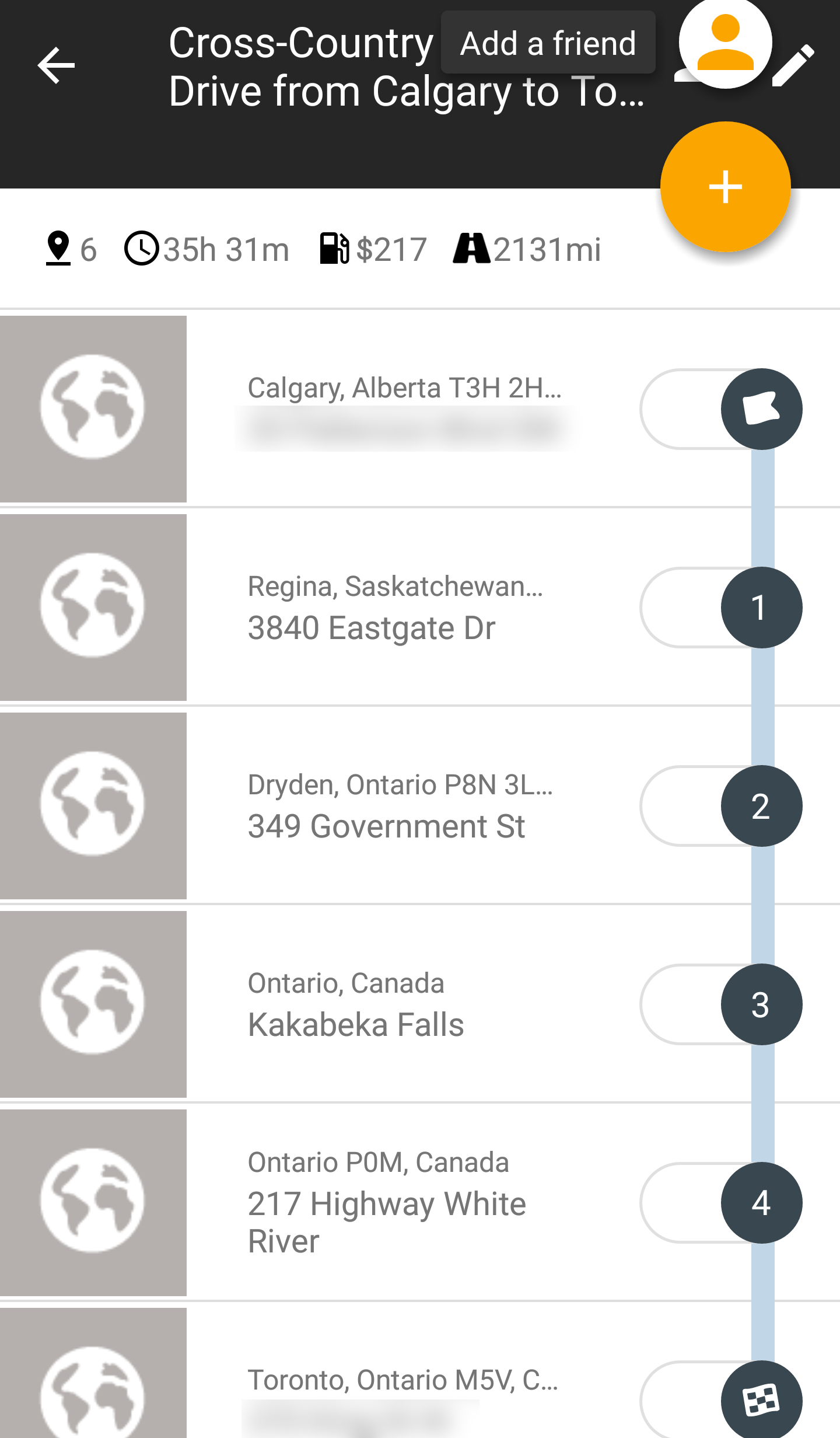cross-country roadtrip drive from calgary to toronto Roadtrippers App