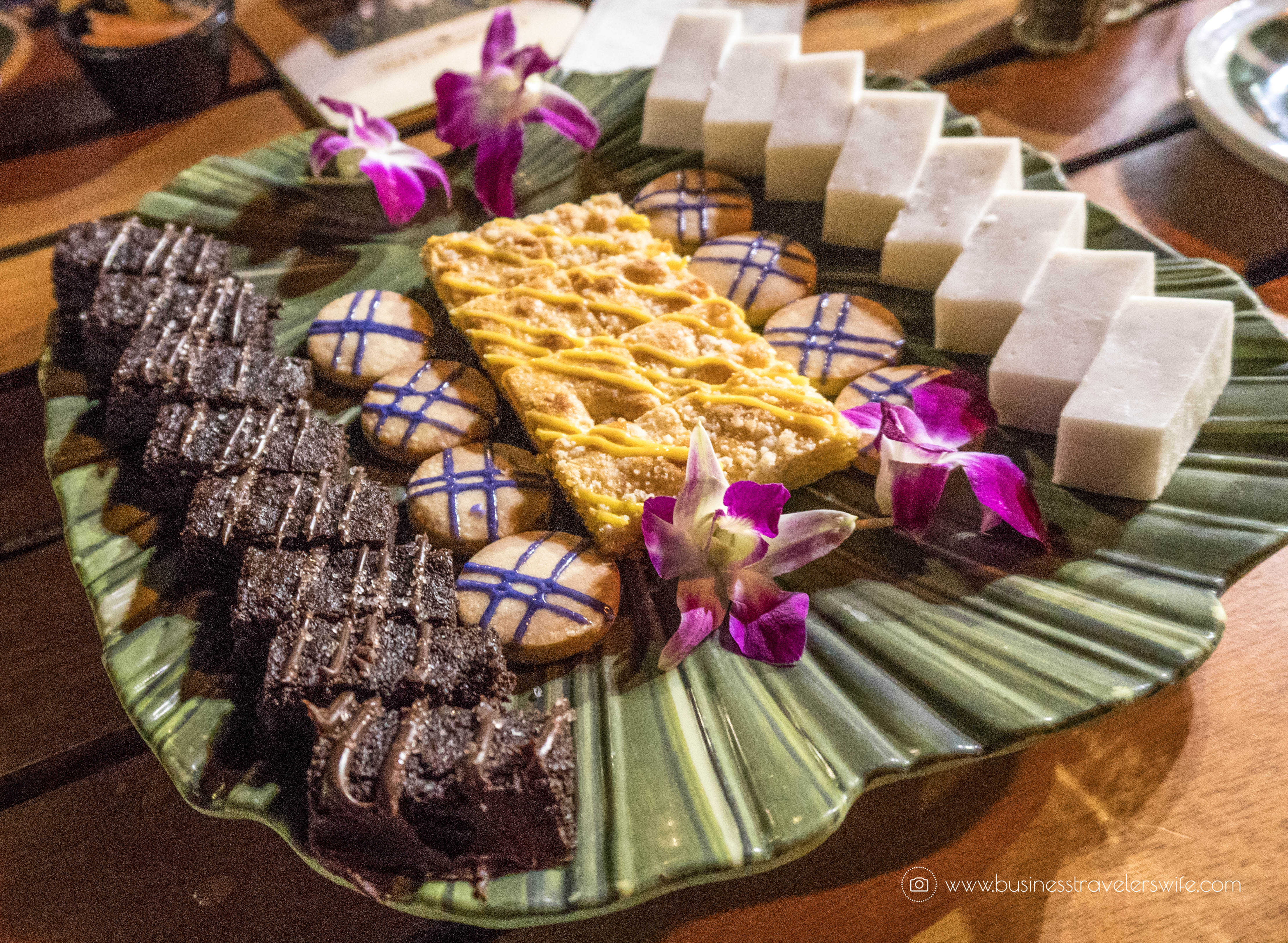 A Feast for the Belly and the Eyes at Old Lahaina Luau in Maui, Hawaii Feast Buffet Dessert Platter Passion Fruit Cake Upcountry Lavender Lemon Shortbread Cookies Hawaiian Chocolate Chili Pepper Brownie Haupia