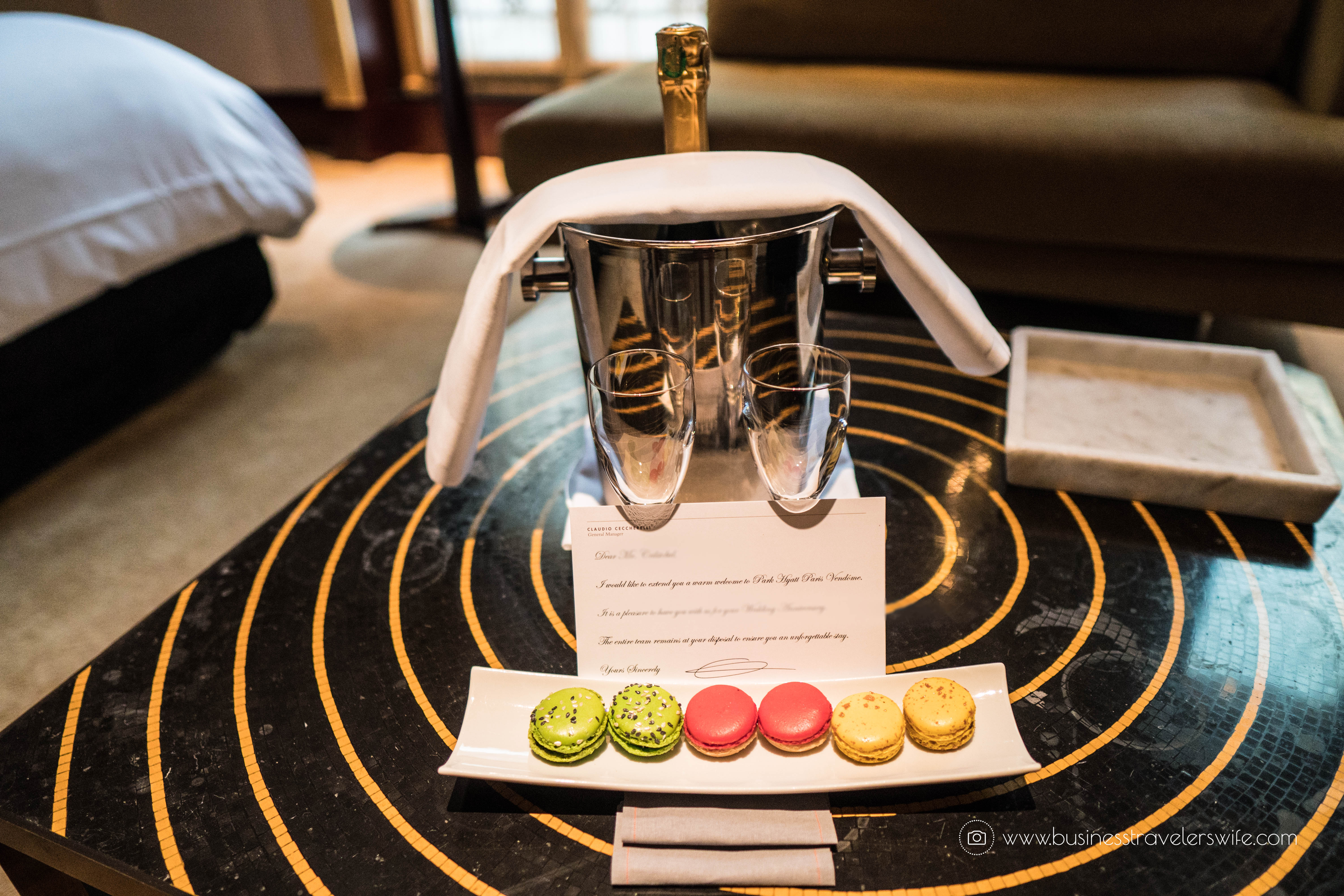 Where to Stay in Paris- 5-Star Hotel and Affordable Accommodations Park Hyatt Paris-Vendome Welcome Gift french macarons bottle of champagne