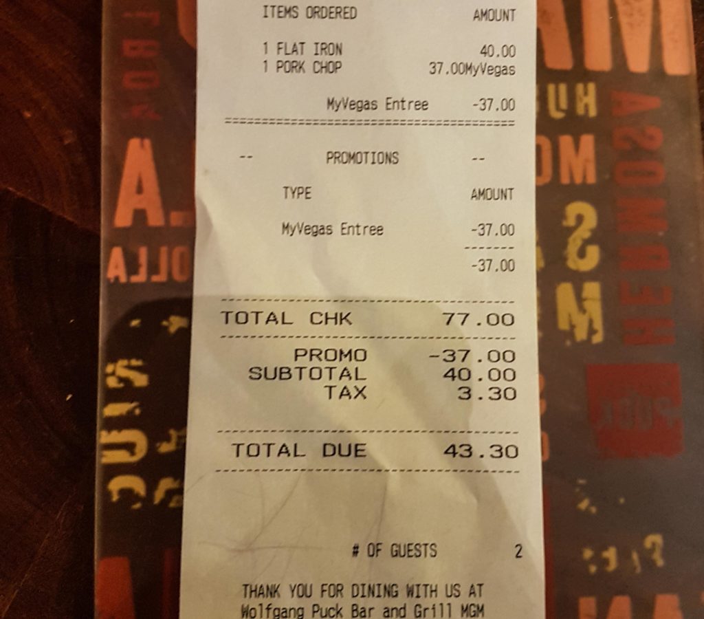 Las Vegas Travel Hack Using myVEGAS Rewards and Hotel Comps Wolfgang Puck Bar & Grill Complimentary Entree