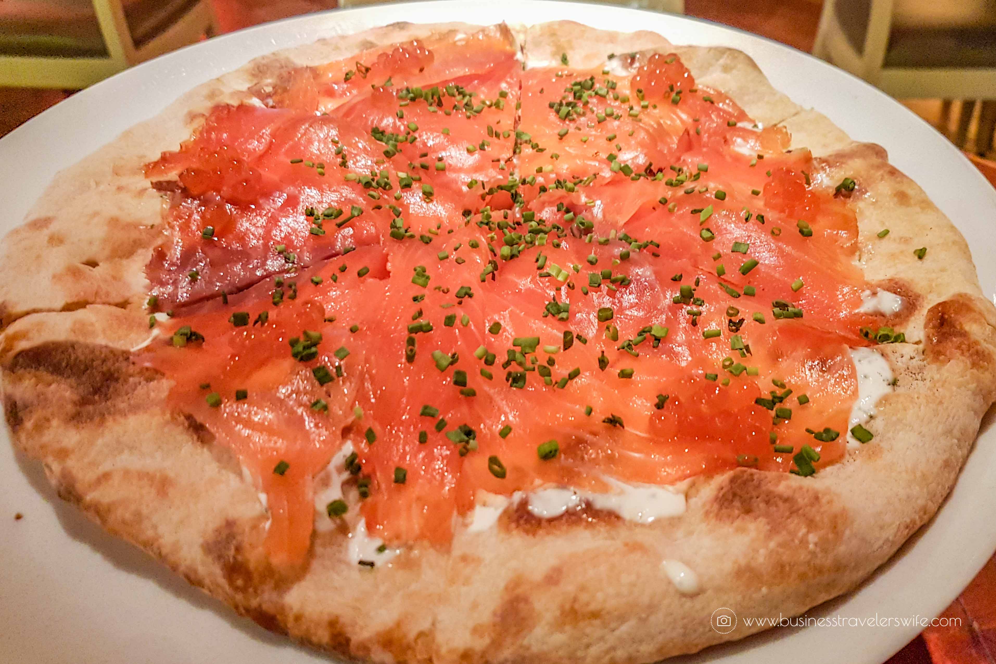 Las Vegas Travel Hack Using myVEGAS Rewards and Hotel Comps Wolfgang Puck Bar & Grill House Smoked Salmon Pizza with dill crème fraiche and caviar 2