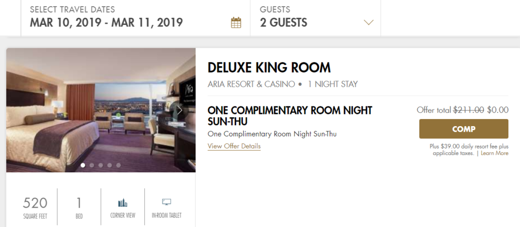 Las Vegas Travel Hack Using myVEGAS Rewards and Hotel Comps mlife aria resort & casino hotel complimentary room night (2)