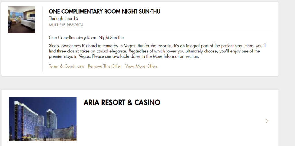 Las Vegas Travel Hack Using myVEGAS Rewards and Hotel Comps mlife aria resort & casino hotel complimentary room night